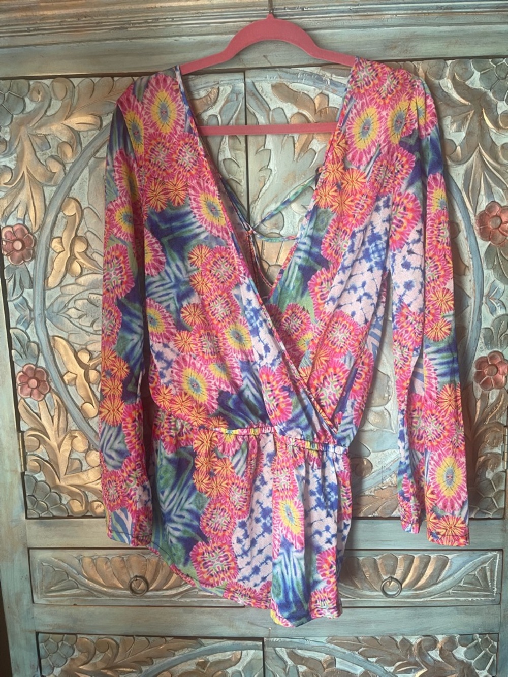 Luli fama Floral Tie-Back Surplice Long-Sleeve Top in Multicolor